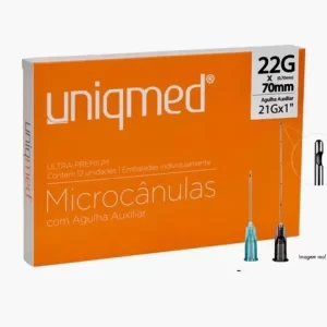 Microcânulas Uniqmed - 22G (0.70mm) x 70mm - Caixa com 12 unidades - Com Agulha Auxiliar