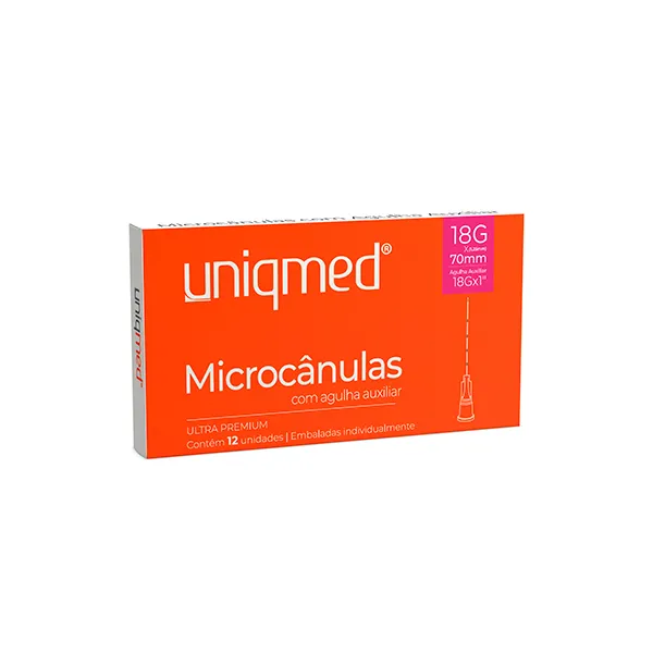 Microcânulas Uniqmed - 18G (1.25mm) x 70mm - Caixa com 12 unidades - Com Agulha Auxiliar